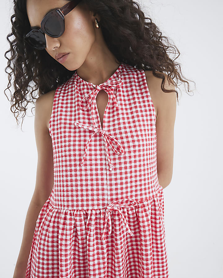 Red Gingham Sleeveless Tie Detail Mini Dress