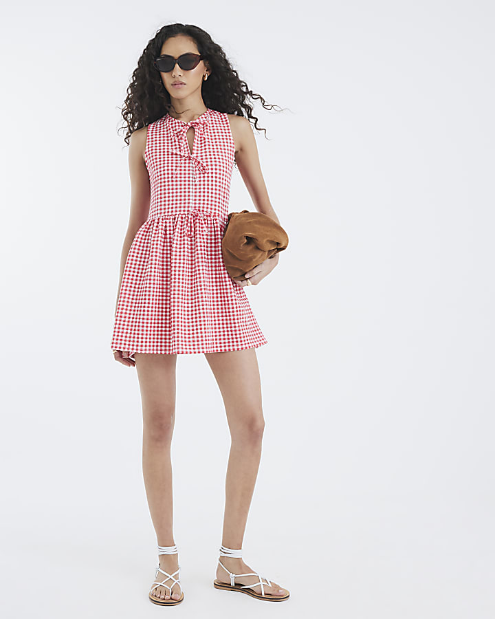 Red Gingham Sleeveless Tie Detail Mini Dress
