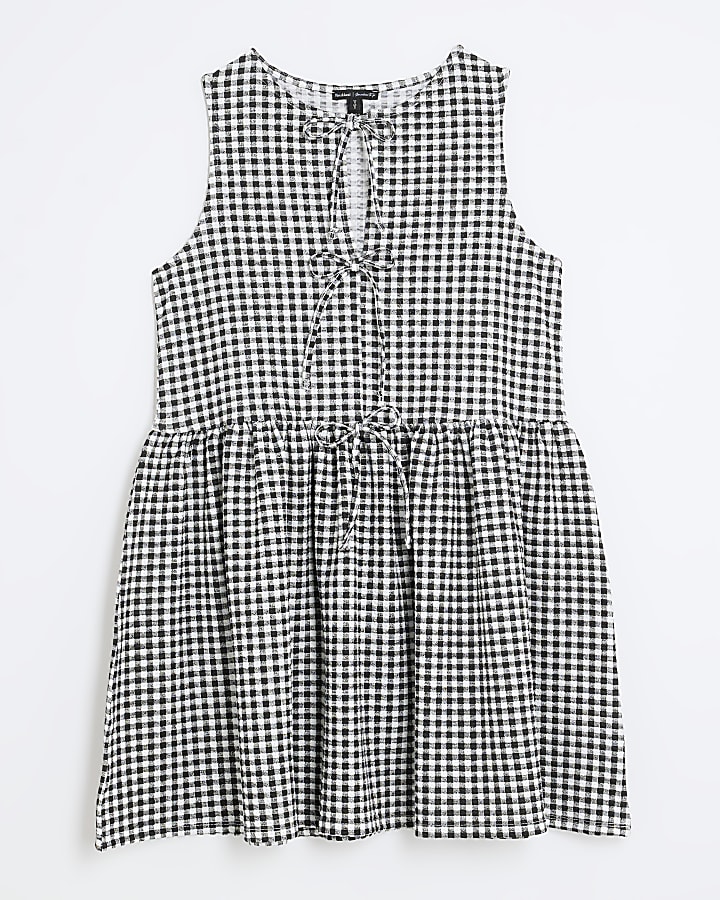 Black Gingham Sleeveless Tie Front Mini Dress