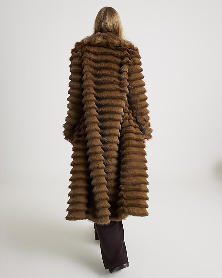 Brown Pelted Faux Fur Longline Coat