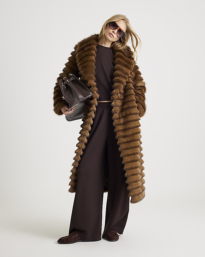 Brown Pelted Faux Fur Longline Coat