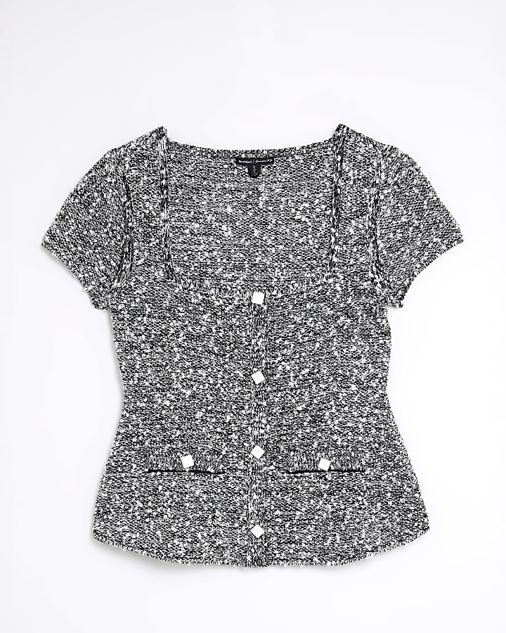 Black Boucle Cap Sleeve Button Top