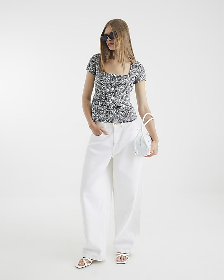 Black Boucle Cap Sleeve Button Top