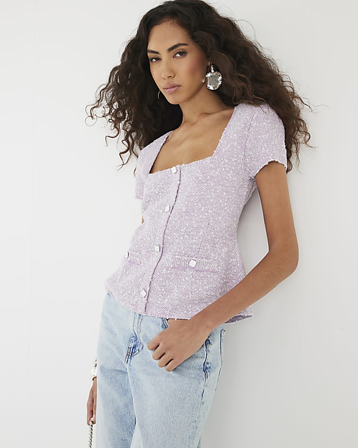 Purple Boucle Cap Sleeve Top
