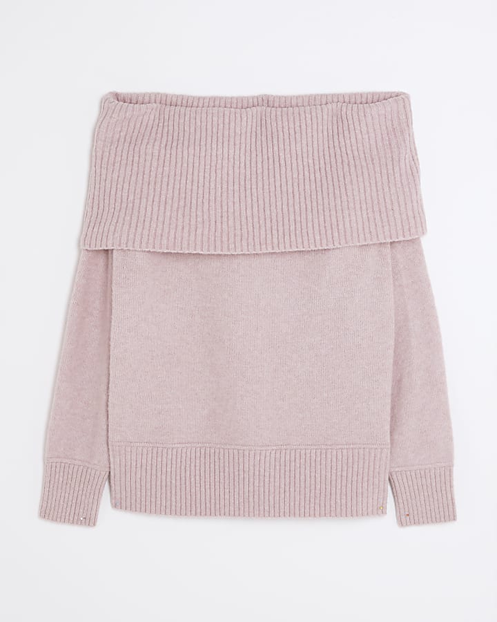 Pink Knitted Bardot Jumper