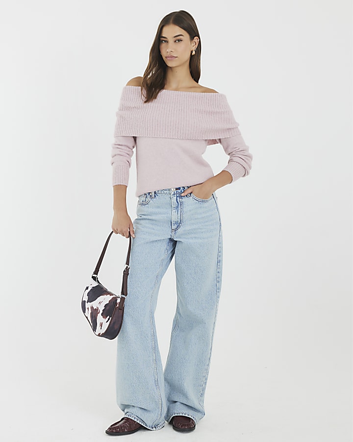 Pink Knitted Bardot Jumper