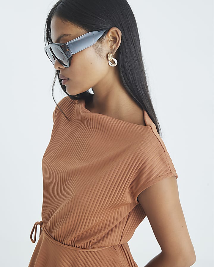 Petite Orange Sleeveless Plisse Peplum Top