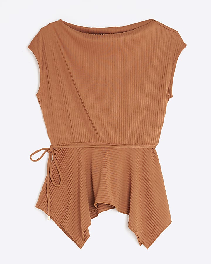Petite Orange Sleeveless Plisse Peplum Top