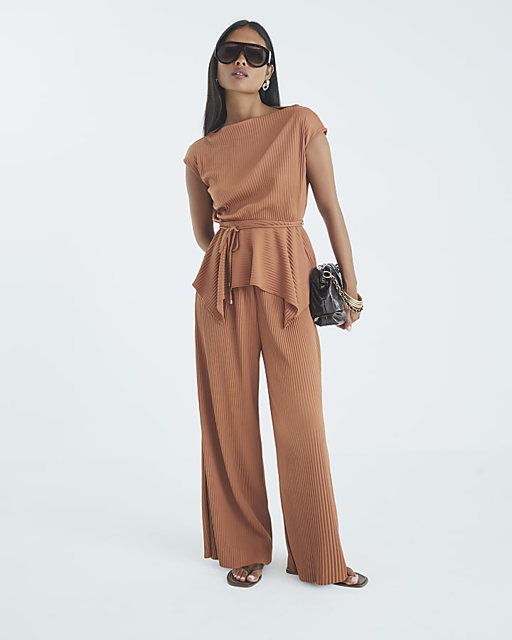 Petite Orange Sleeveless Plisse Peplum Top