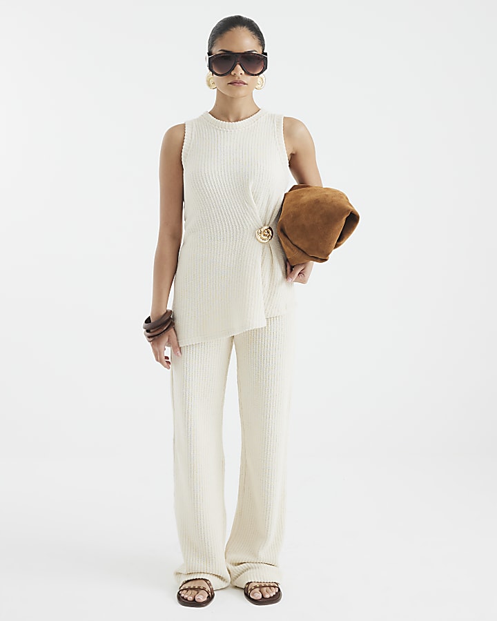 Petite Cream Textured Shell Trim Tunic Top