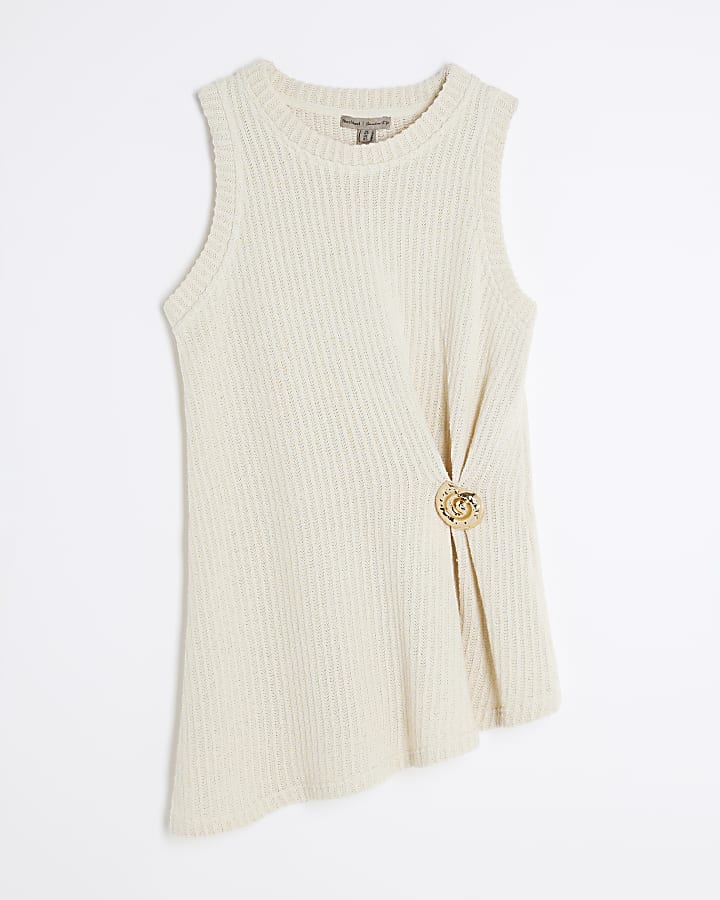 Petite Cream Textured Shell Trim Tunic Top