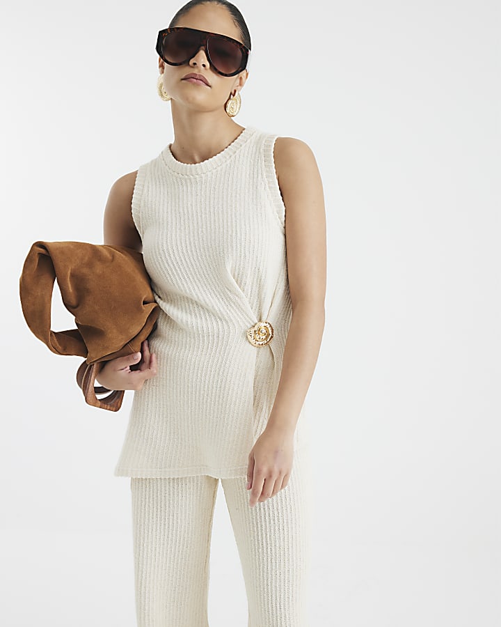 Petite Cream Textured Shell Trim Tunic Top