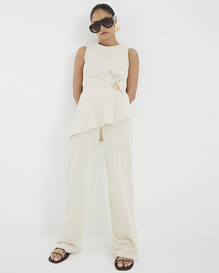 Petite Cream Textured Wide Leg Trousers
