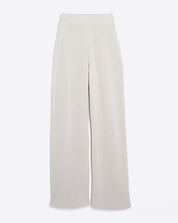 Petite Cream Textured Wide Leg Trousers