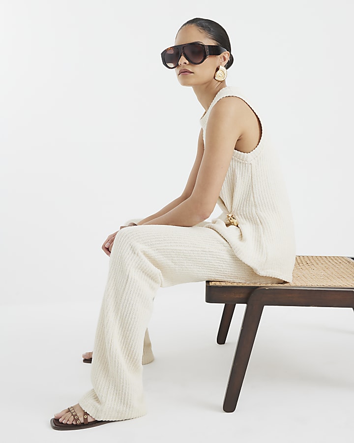 Petite Cream Textured Wide Leg Trousers