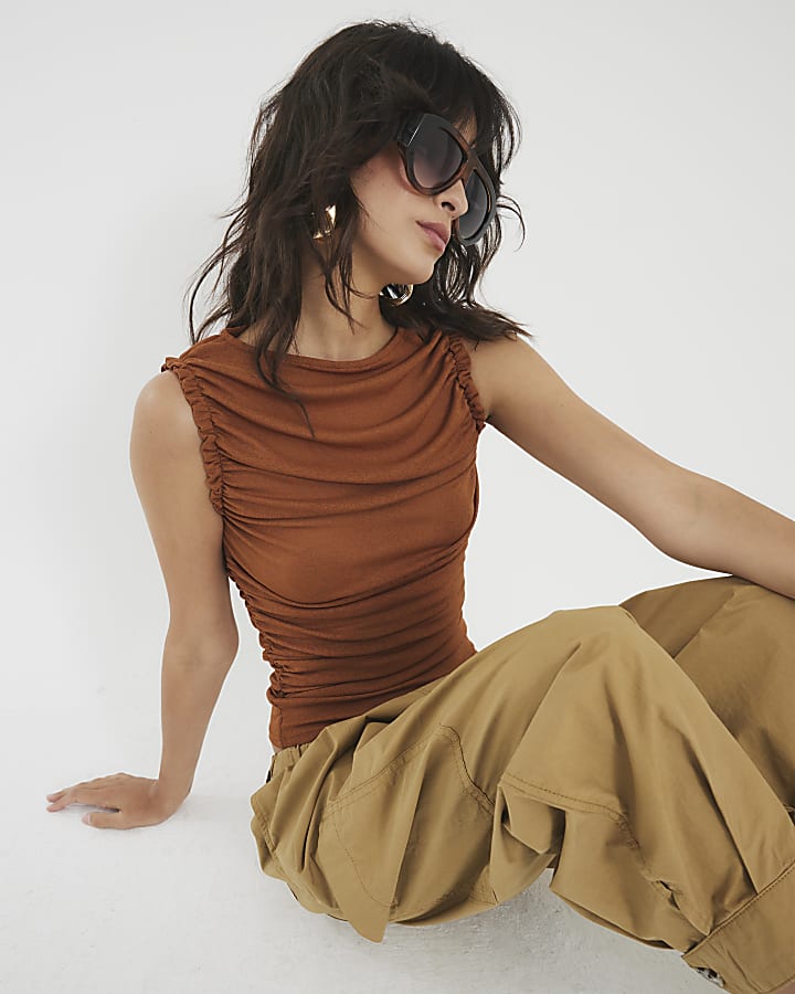 Brown Drape Ruched Shoulder Top