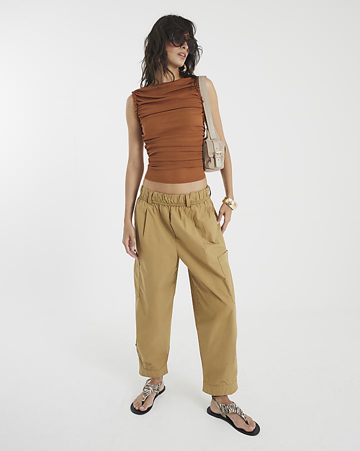 Brown Drape Ruched Shoulder Top