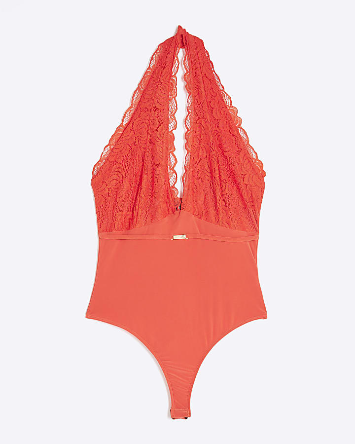 Orange Sleeveless Lace Plunge Neck Bodysuit