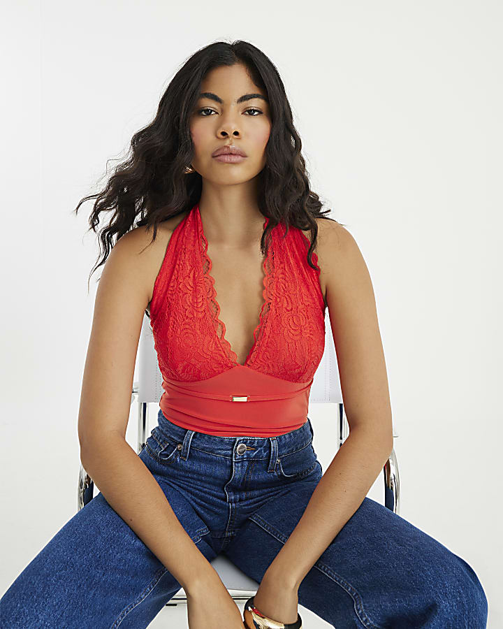 Orange Sleeveless Lace Plunge Neck Bodysuit