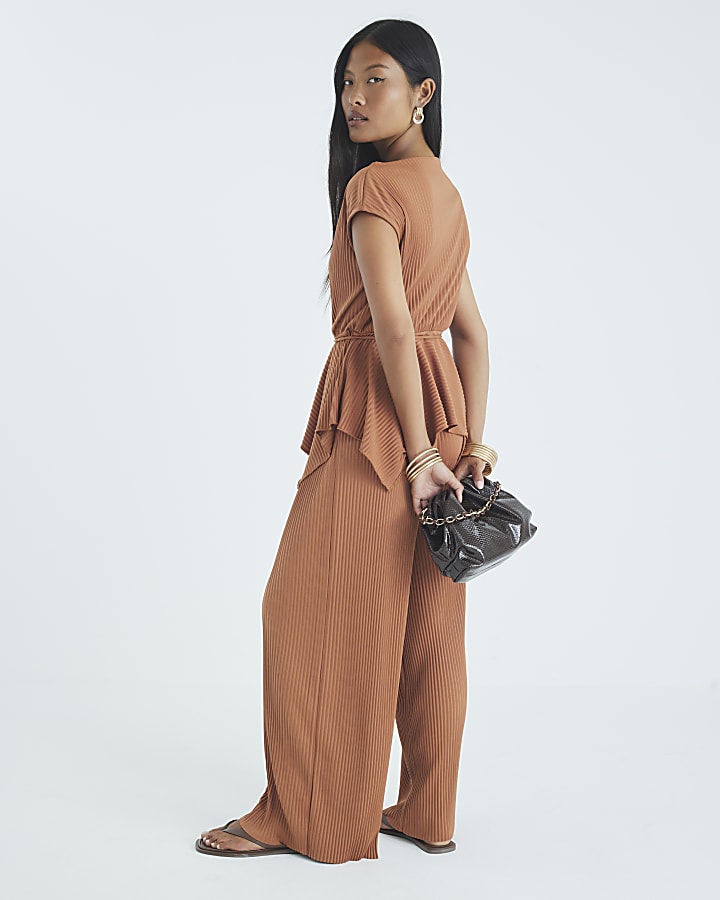 Petite Orange Wide Leg Plisse Trousers