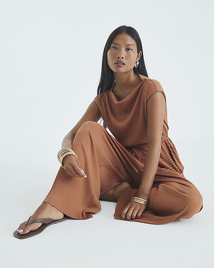 Petite Orange Wide Leg Plisse Trousers