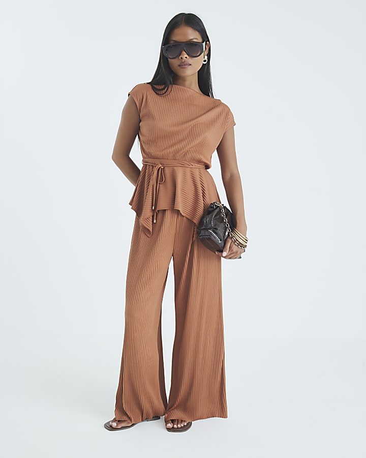 Petite Orange Wide Leg Plisse Trousers