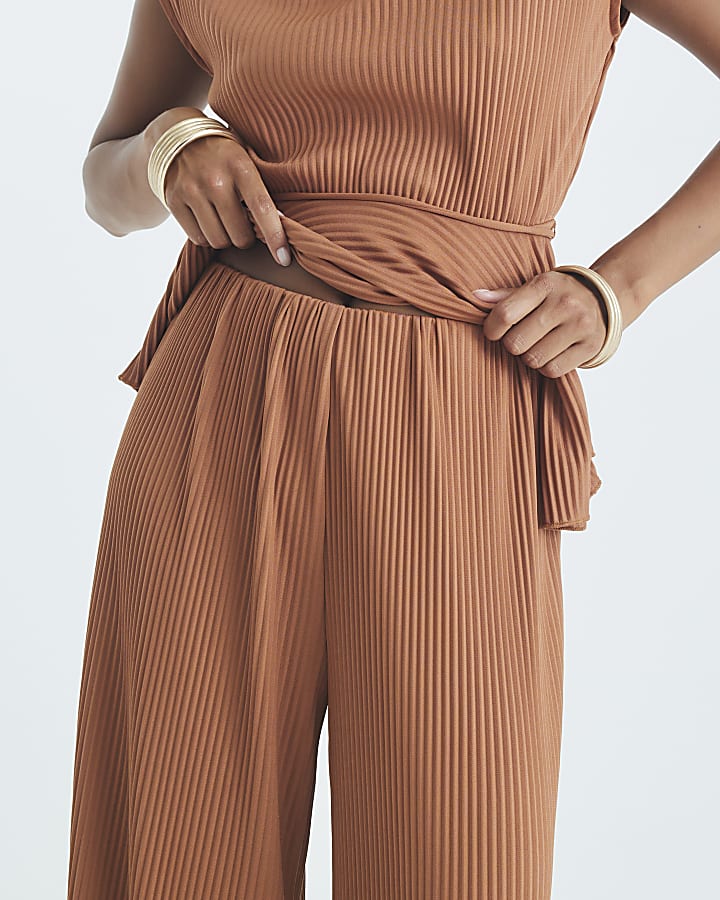 Petite Orange Wide Leg Plisse Trousers