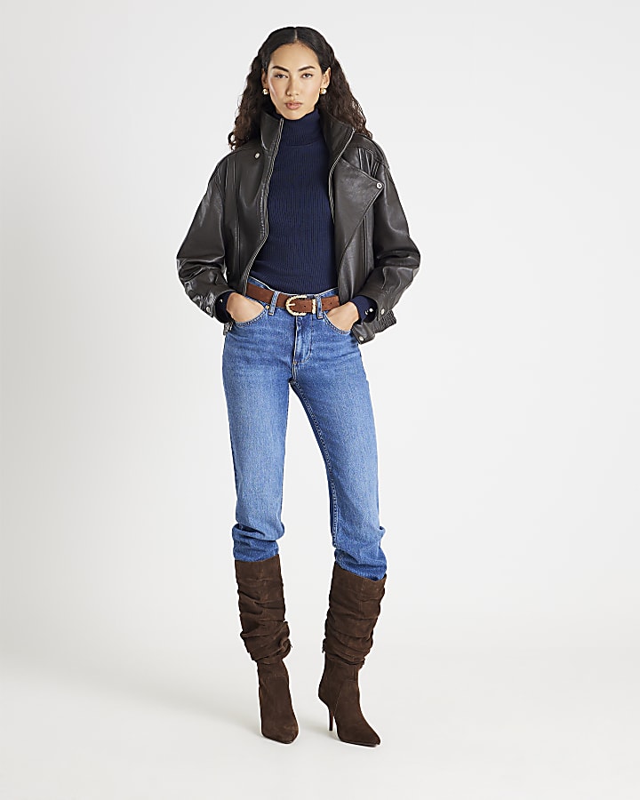 Navy Knit Ribbed Roll Neck Top