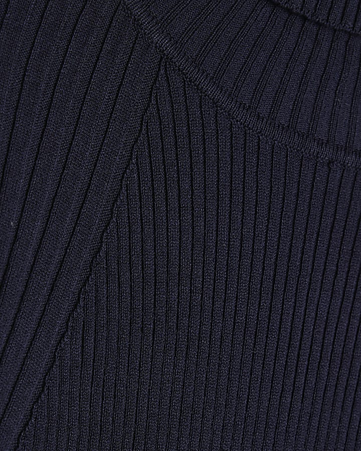 Navy Knit Ribbed Roll Neck Top