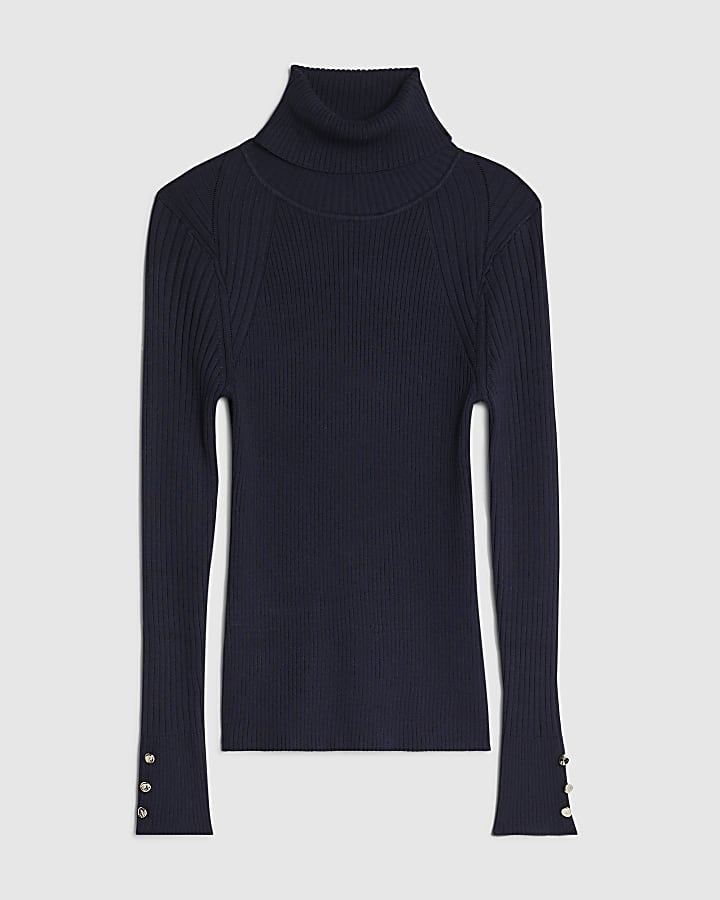 Navy Knit Ribbed Roll Neck Top