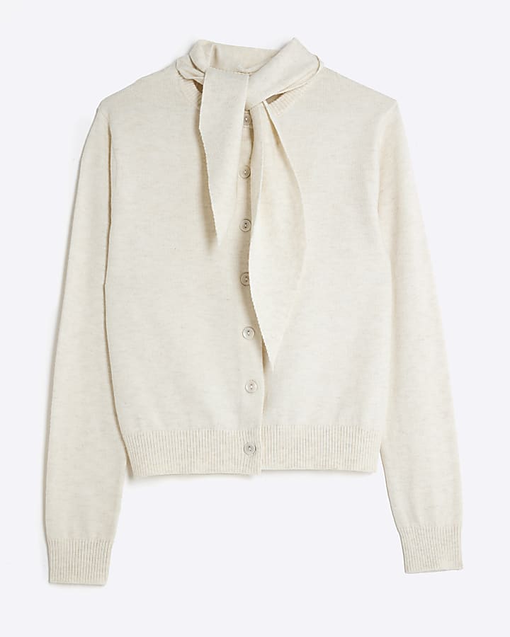 Cream Knitted Scarf Neck Cardigan