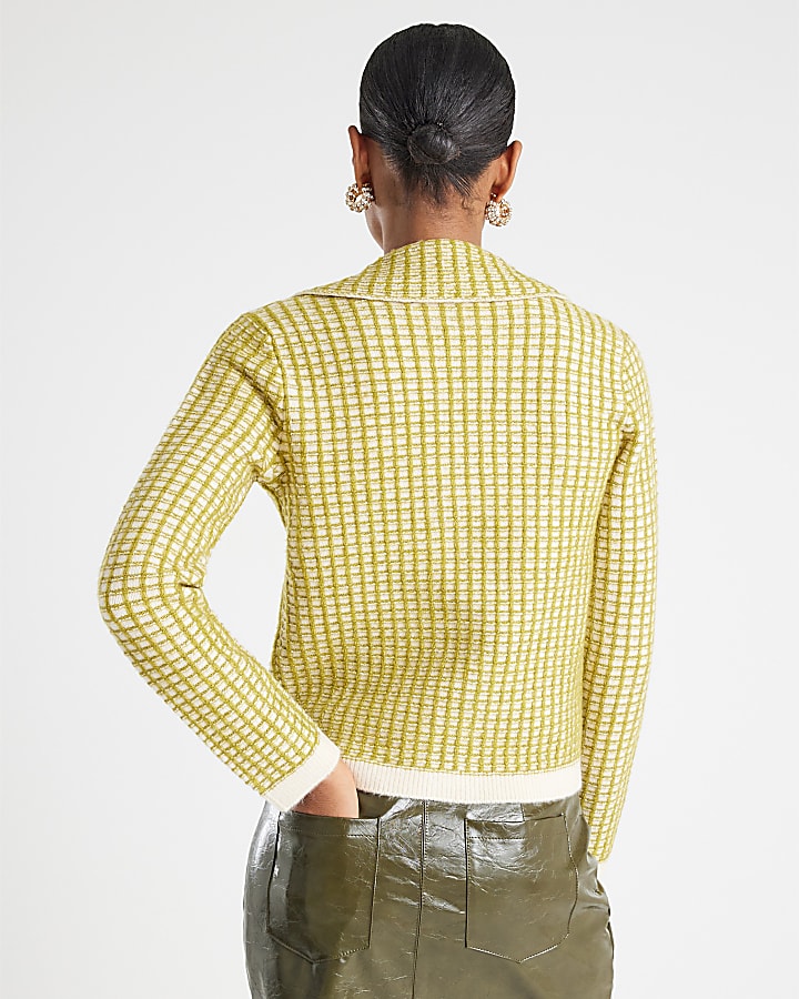 Green Boucle Checked Knit Cardigan
