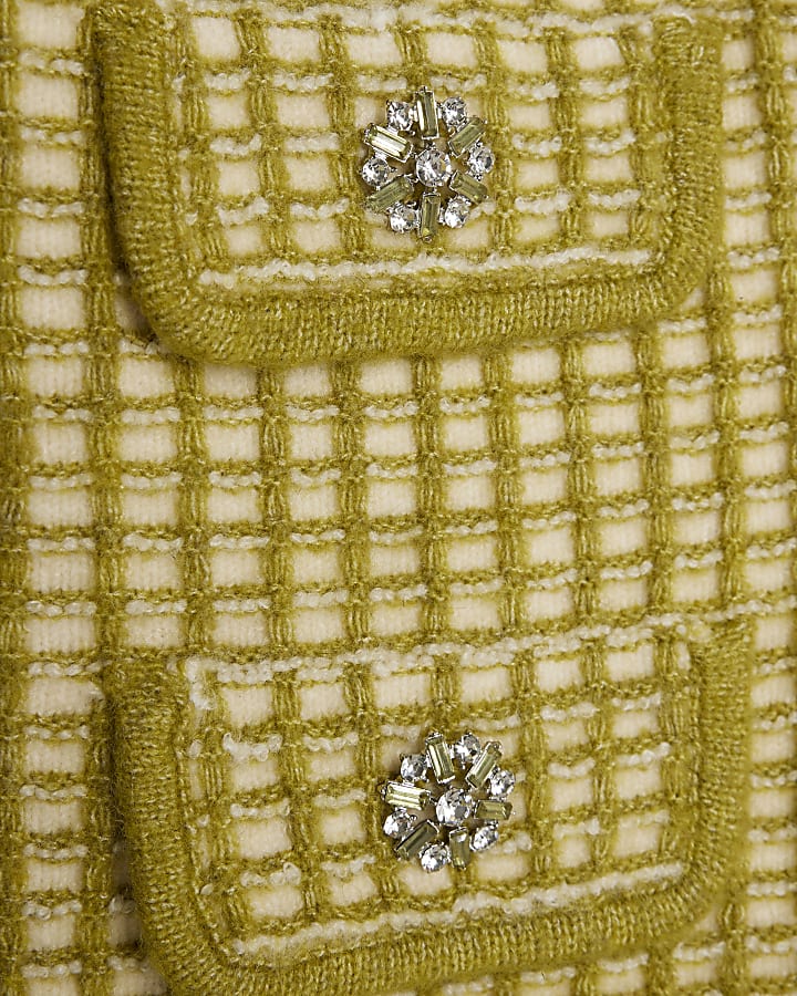 Green Boucle Checked Knit Cardigan