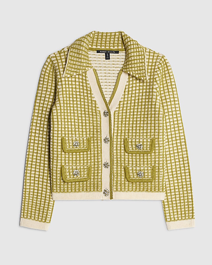 Green Boucle Checked Knit Cardigan