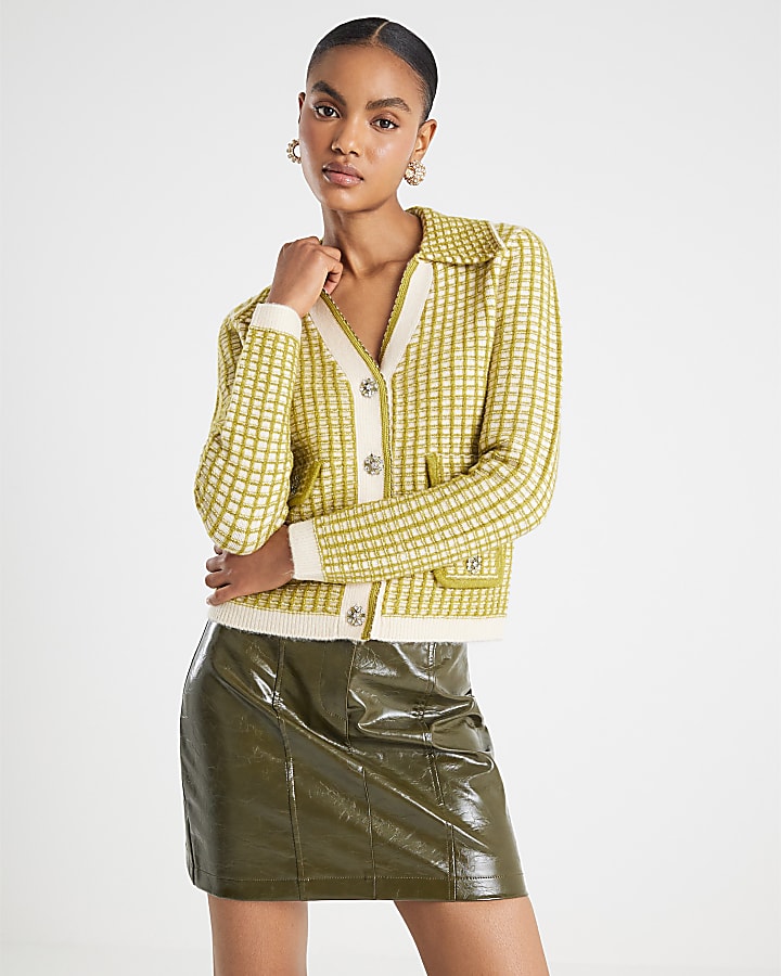 Green Boucle Checked Knit Cardigan