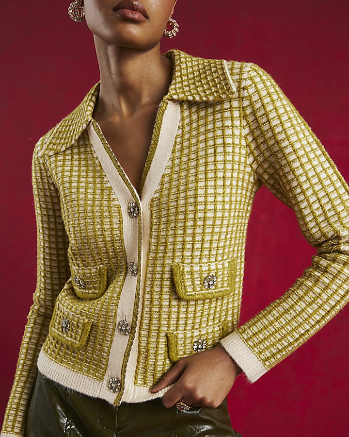 Green Boucle Checked Knit Cardigan
