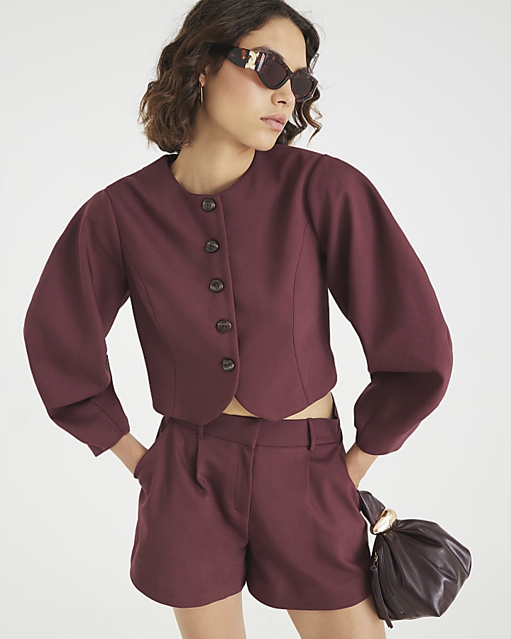 Red Puffed Sleeve Tailored Blazer