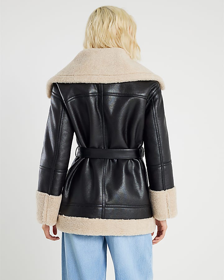 Black Faux Leather Belted Aviator Jacket