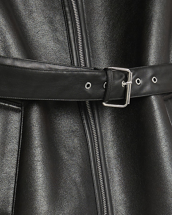 Black Faux Leather Belted Aviator Jacket