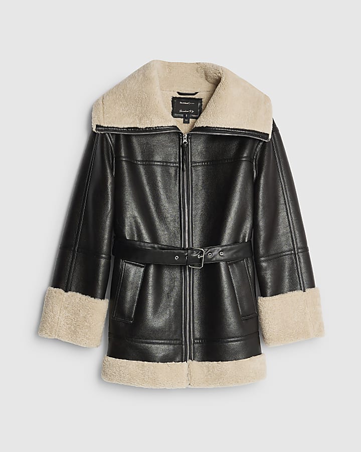 Black Faux Leather Belted Aviator Jacket
