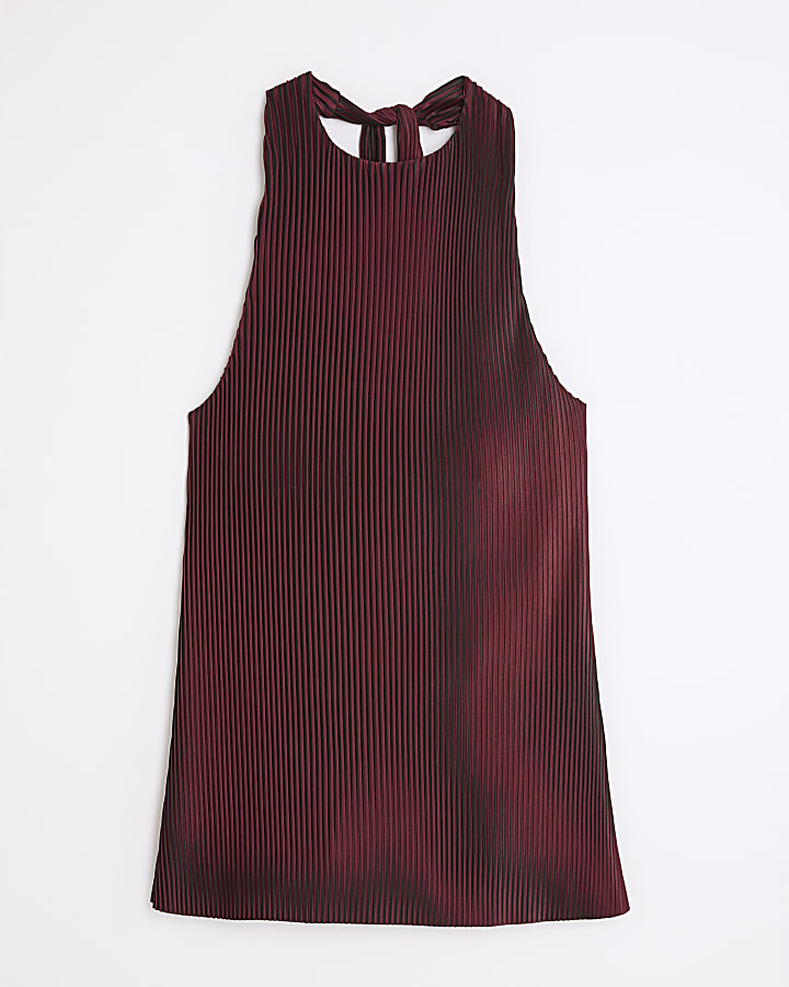 Red Plisse Sleeveless Halter Neck Top