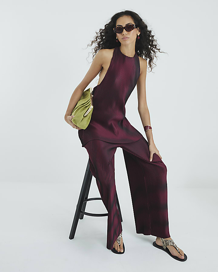 Red Plisse Sleeveless Halter Neck Top