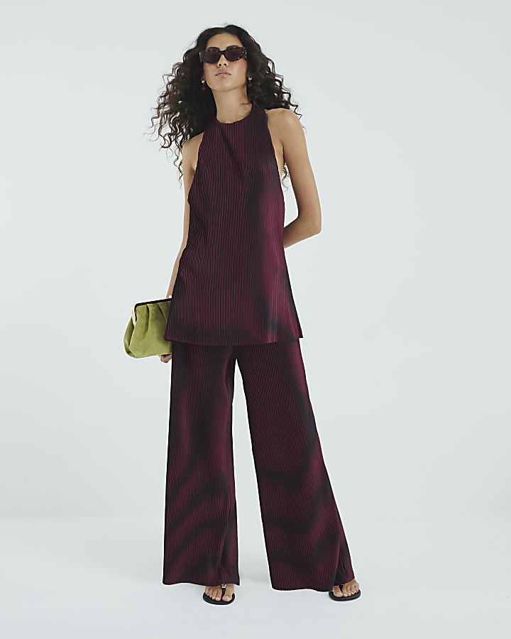 Red Plisse Sleeveless Halter Neck Top