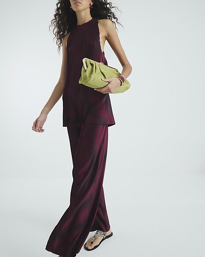 Red Plisse Wide Leg Trousers