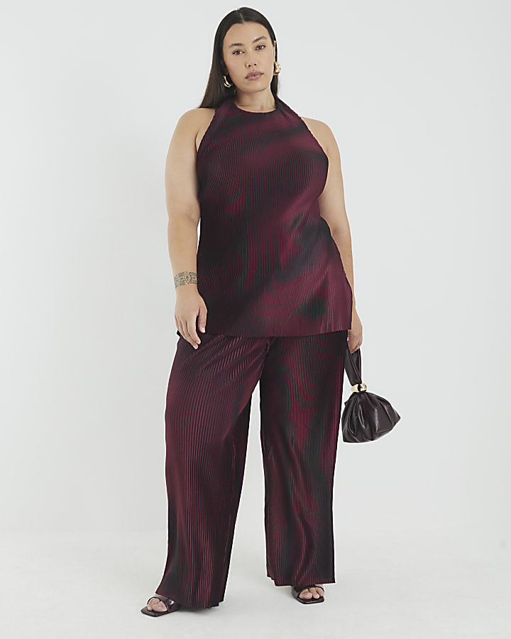 Red Plisse Wide Leg Trousers