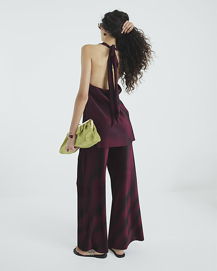 Red Plisse Wide Leg Trousers