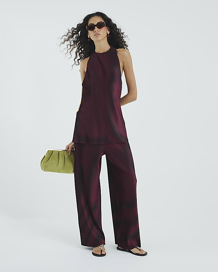Red Plisse Wide Leg Trousers