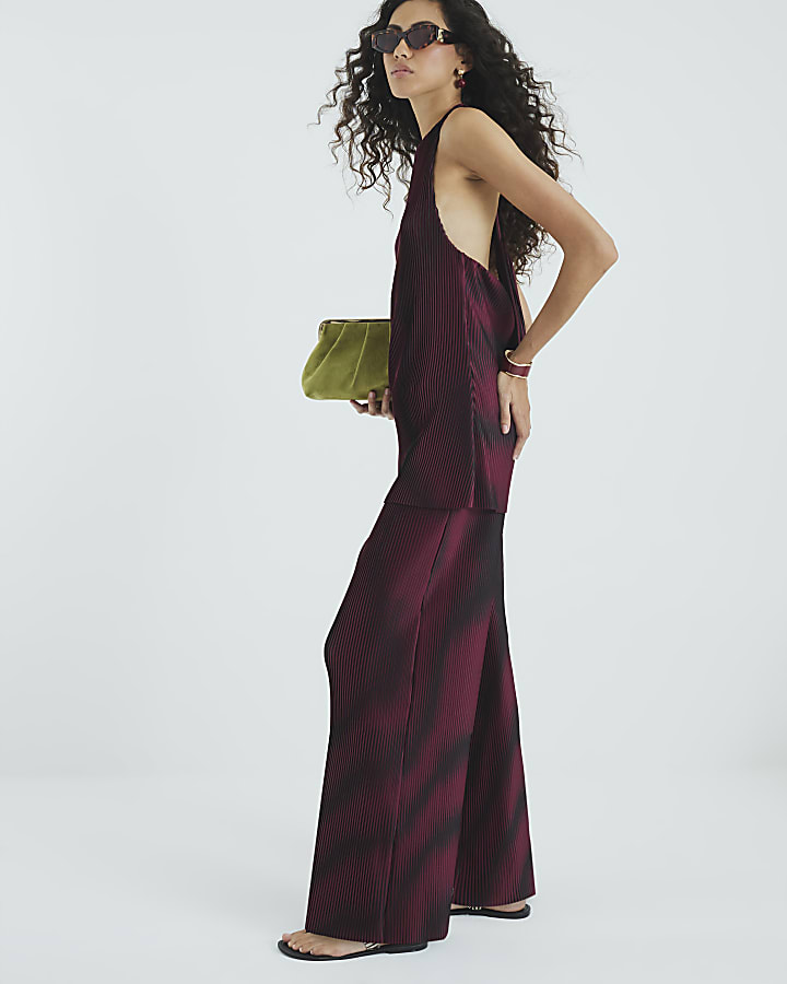 Red Plisse Wide Leg Trousers