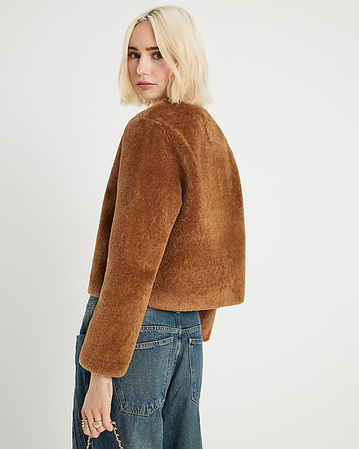 Brown Faux Fur Collarless Jacket
