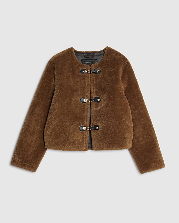 Brown Faux Fur Collarless Jacket